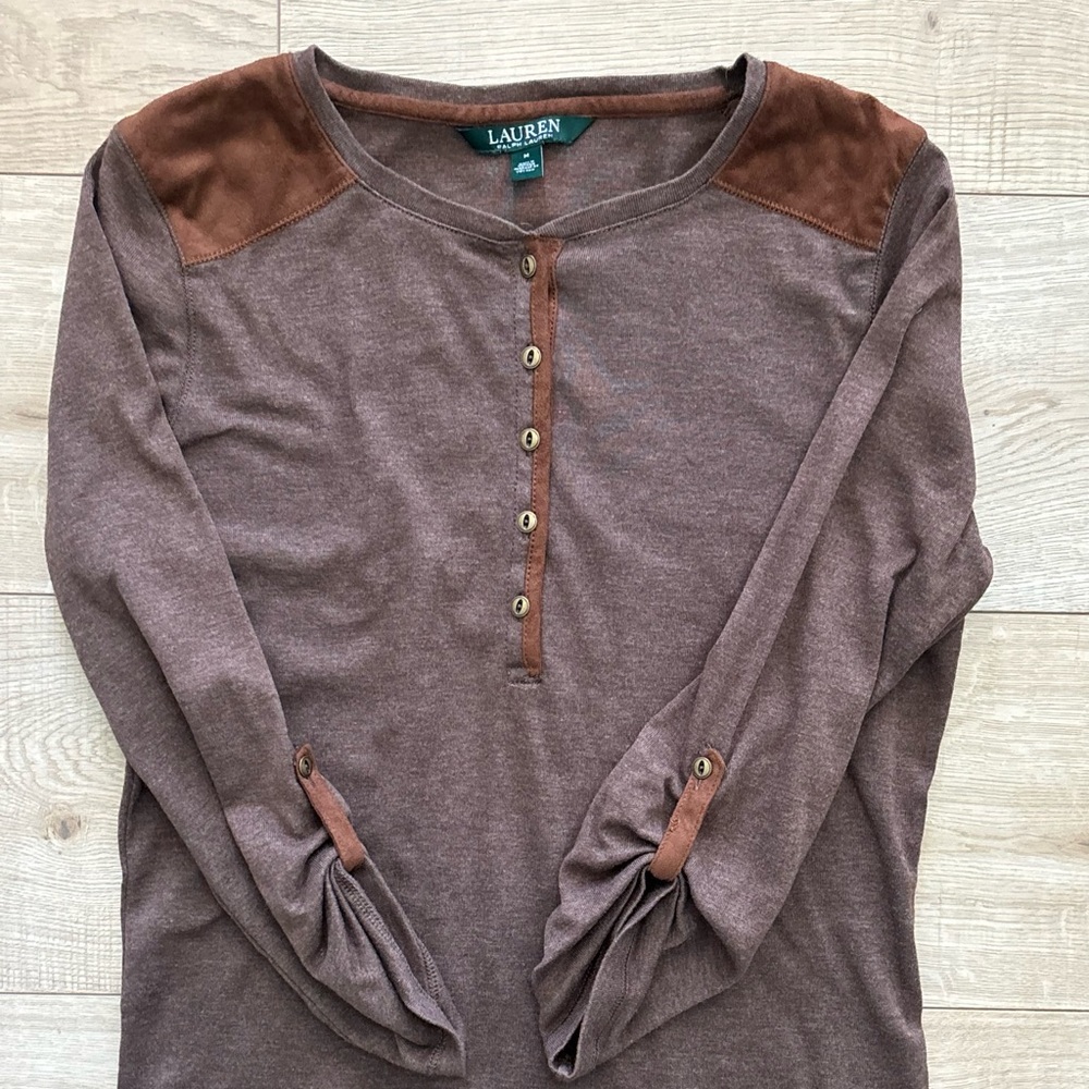 Ralph Lauren Chocolate Brown Casual Henley Shirt Cotton and Suede Brown Shirt